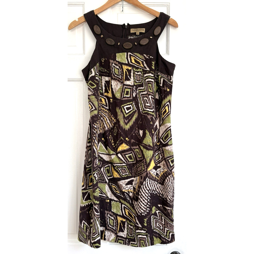 100% Linen Notations Shift Dress Sleeveless Tribal-Inspired Beaded Neckline | PM